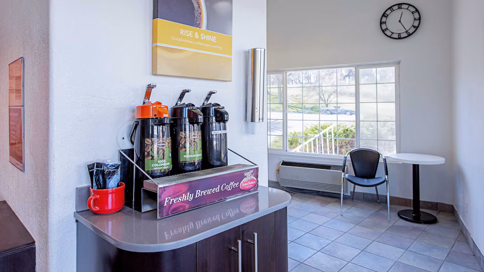 Lobby coffee station and seating area